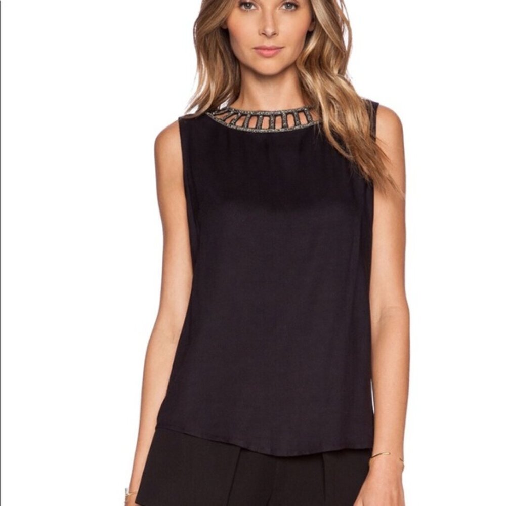 MLV Luna Indigo Silk Cut Out Back Sleeveless Crystal Beaded Blouse Top SZ L NWT